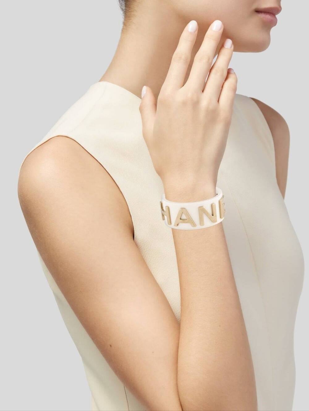 Chanel White Resin Gold Letter Cuff Bracelet 2019 Spring Collection